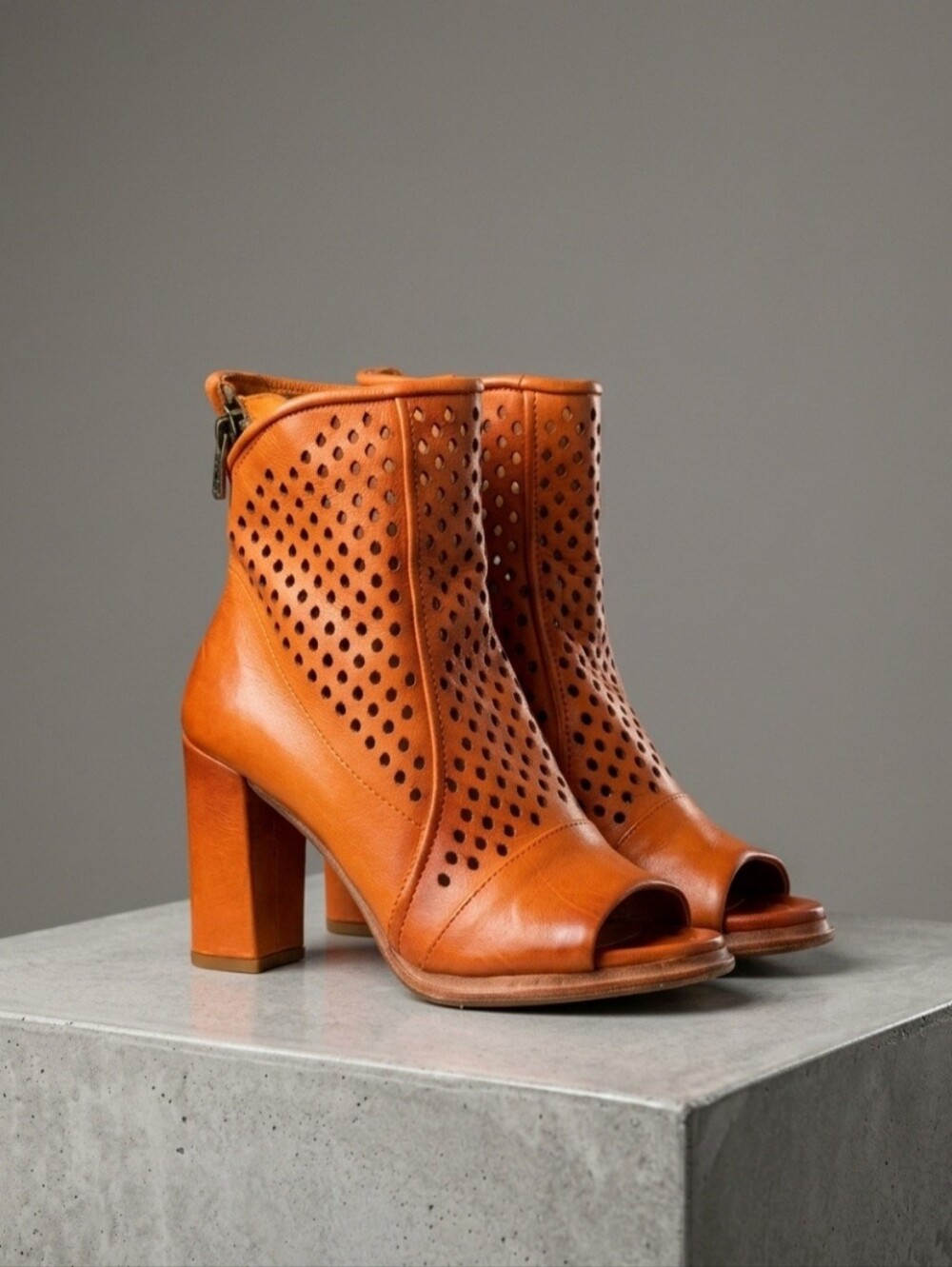 Designer Premium Quality Open Toe Genuine Leather Perforated Ankle Boots- Brown